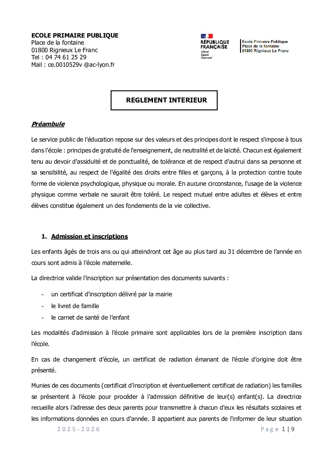Reglement interieur - 2025 2026